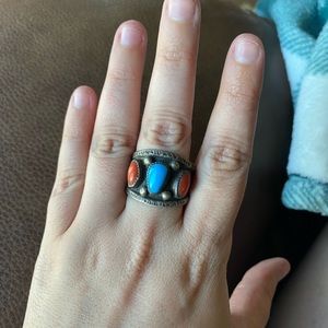 Native American turquoise & coral ring